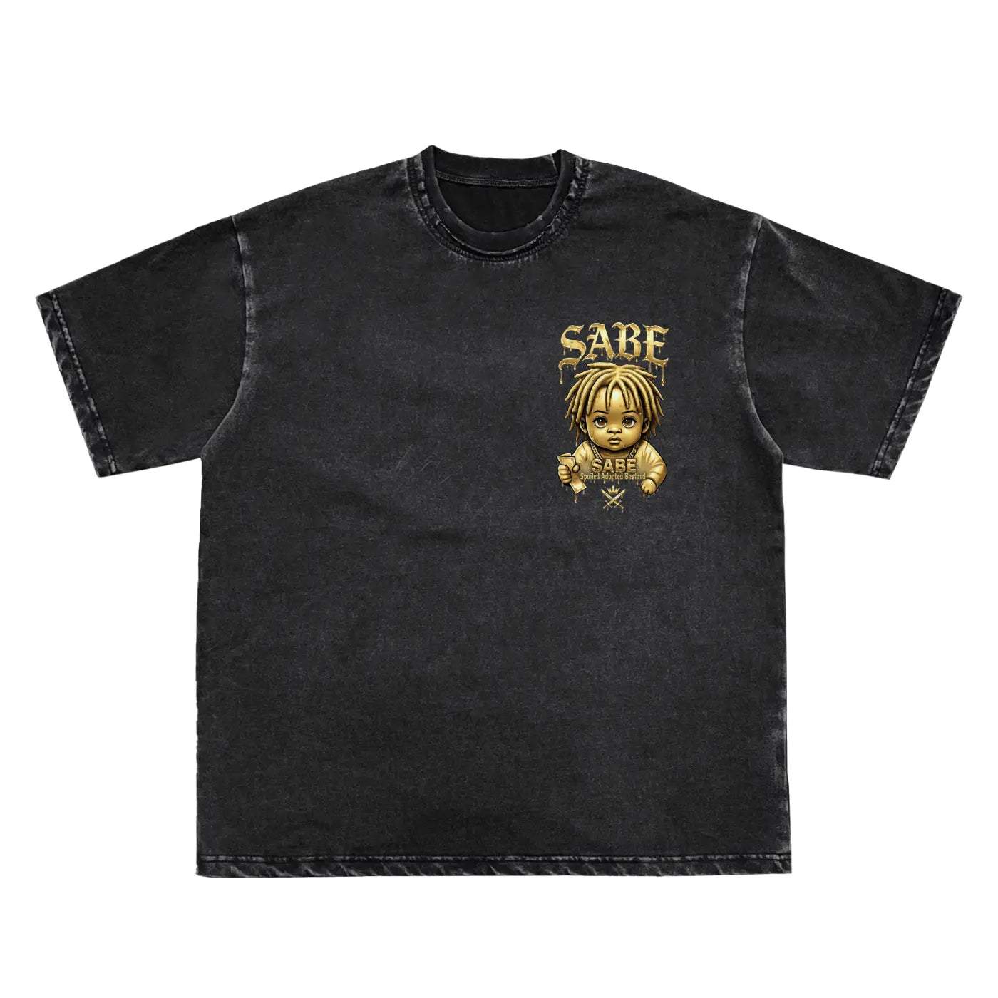 Black Snow Washed Raw-Edge Neckline T-Shirt ODMPOD