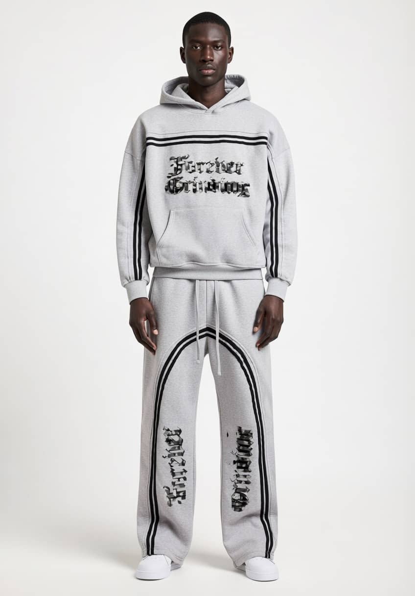 Flower Gray Sun Fade Contrast Tape Fleece Hoodie & Jogged Sweatpants
