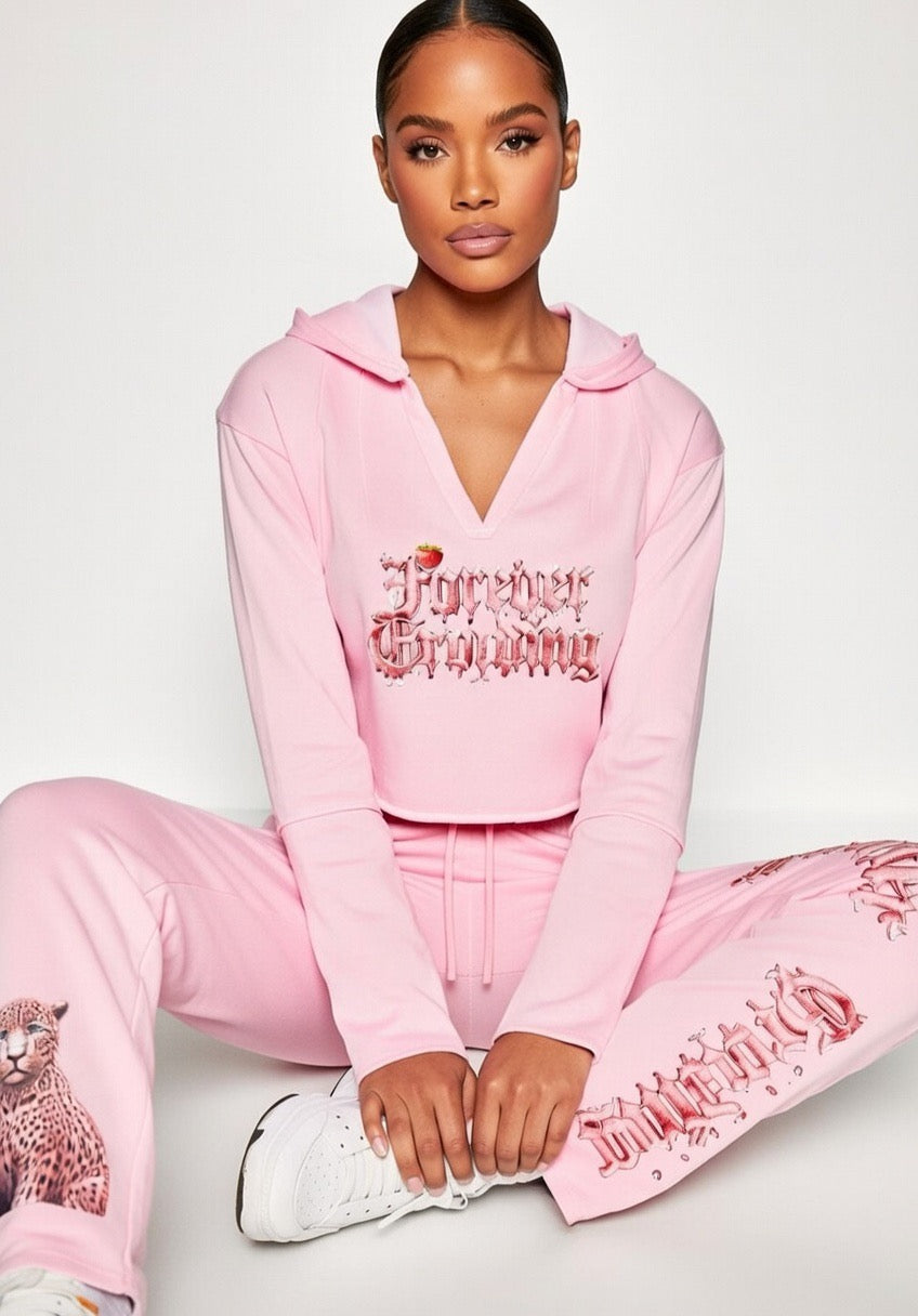 Rose Pink Vintage Washed Raw Edge Hoodie & Waist Pants Outfit Set