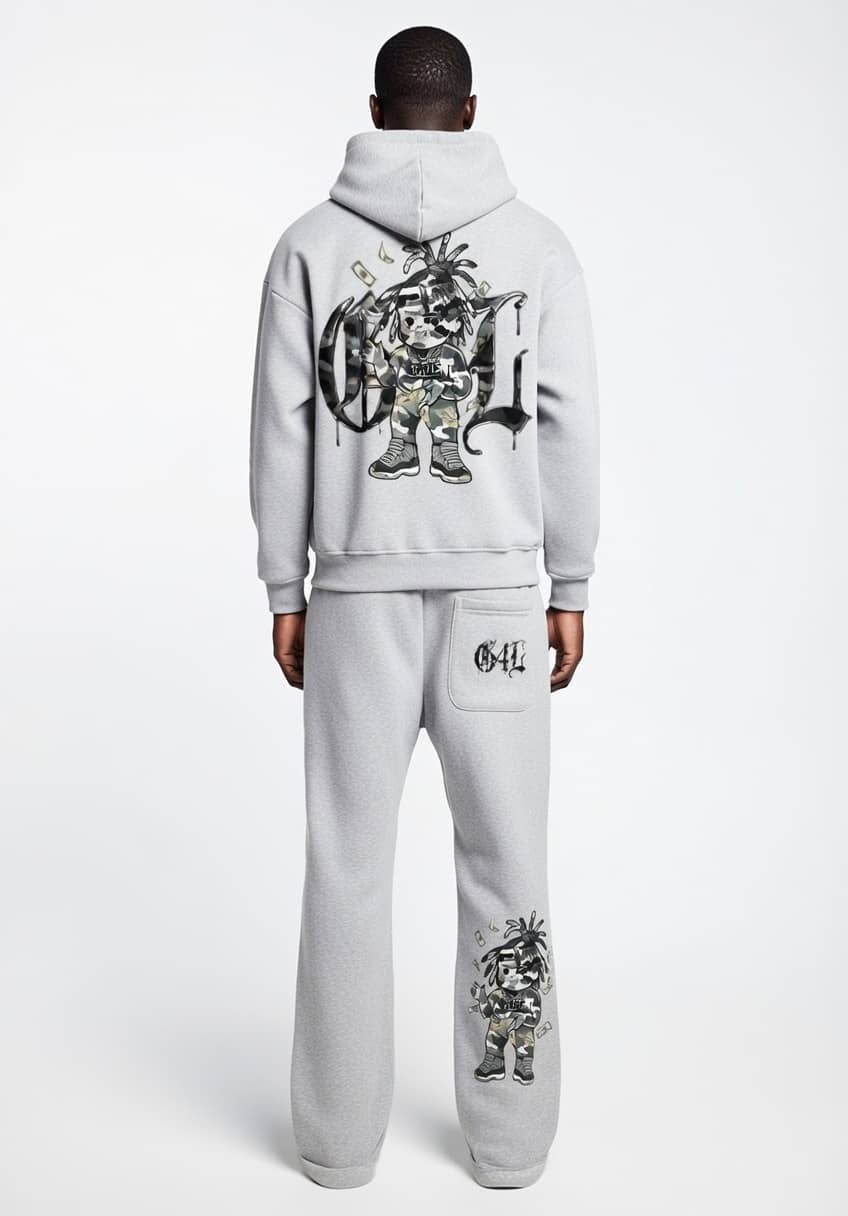 Flower Gray Sun Fade Contrast Tape Fleece Hoodie & Jogged Sweatpants