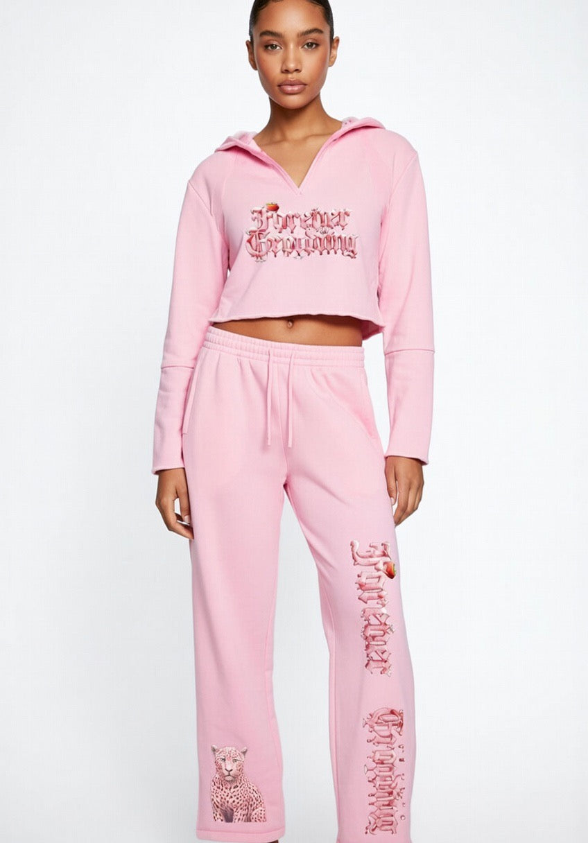 Rose Pink Vintage Washed Raw Edge Hoodie & Waist Pants Outfit Set