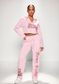 Rose Pink Vintage Washed Raw Edge Hoodie & Waist Pants Outfit Set