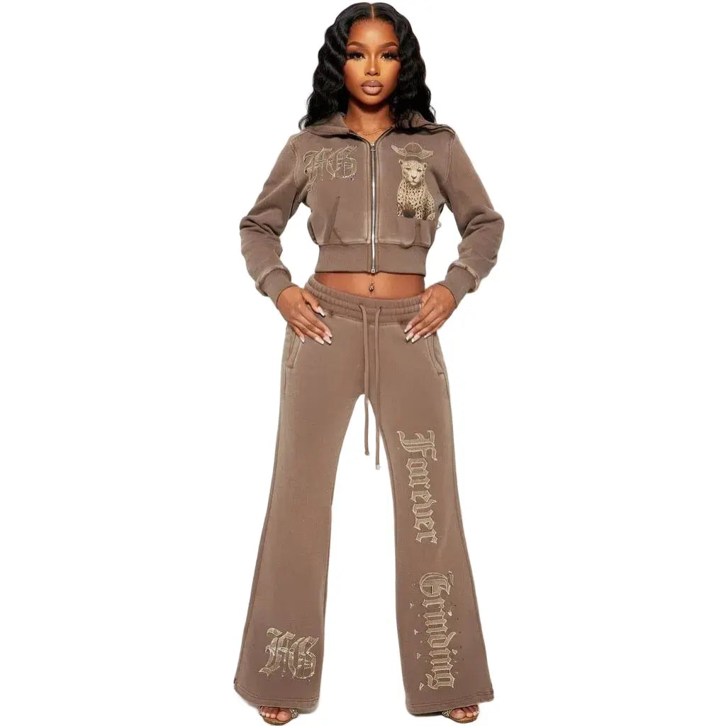 Coffee Brown Vintage Washed Flared Fleece Pants ODMPOD