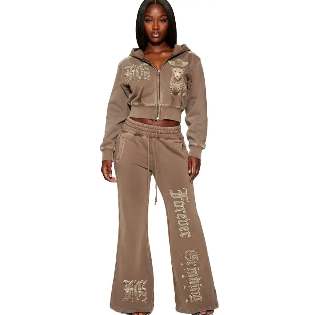 Coffee Brown Vintage Washed Flared Fleece Pants ODMPOD