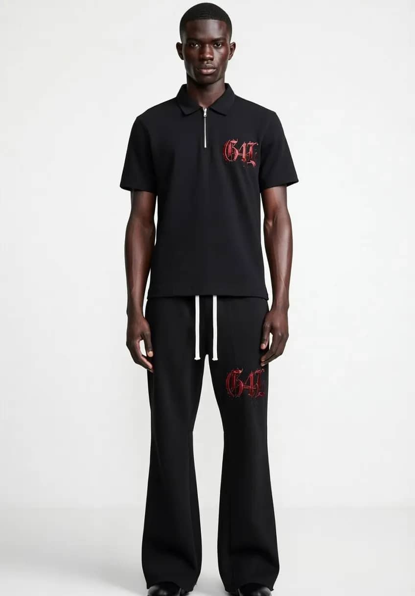 Black Half-Zip Cotton Polo Shirt & Flared Sweatpants Forever Grinding