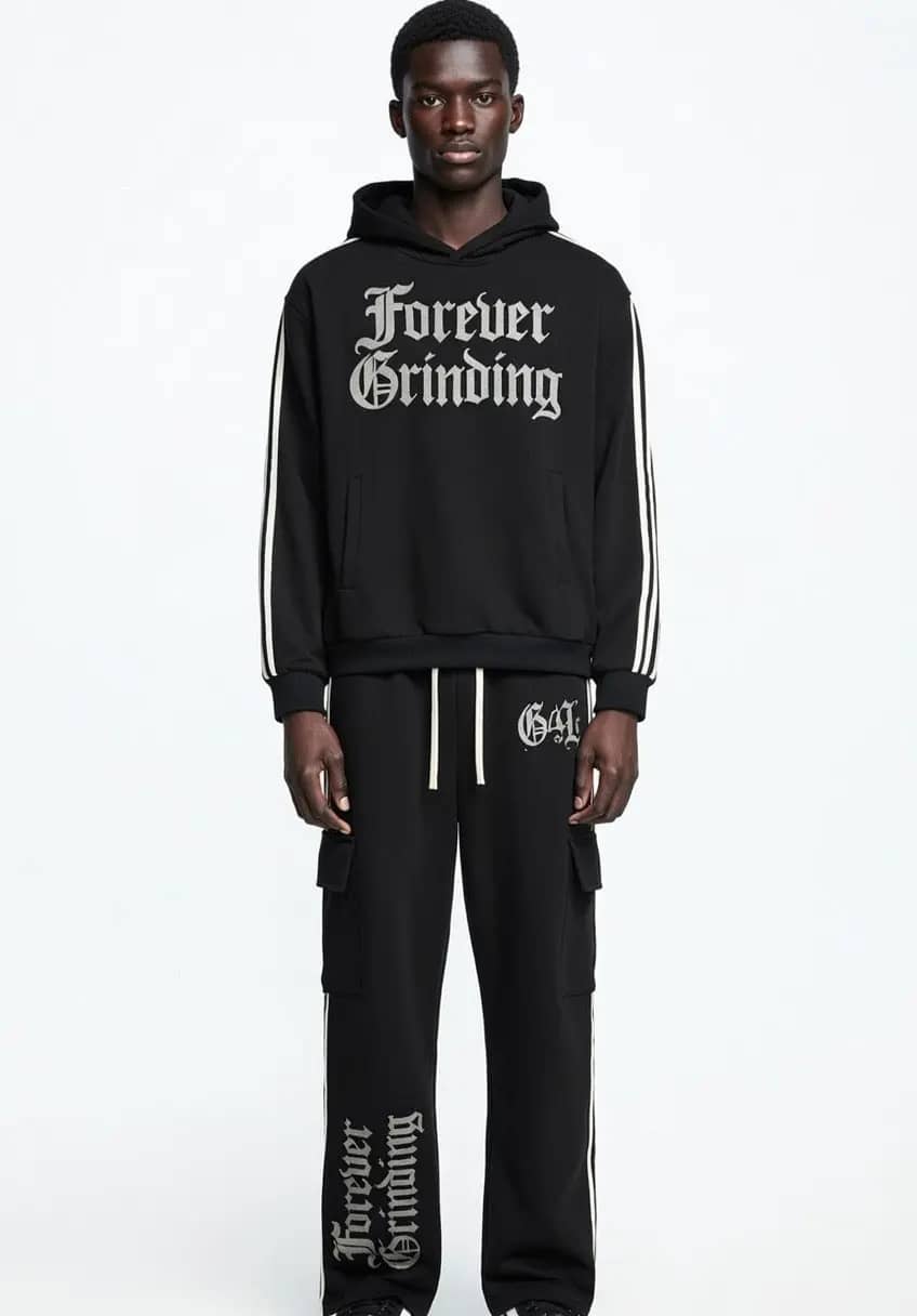 Black Side Stripe Drop-Shoulder Hoodie & Pants Forever Grinding