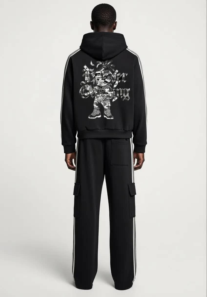 Black Side Stripe Drop-Shoulder Hoodie & Pants Forever Grinding