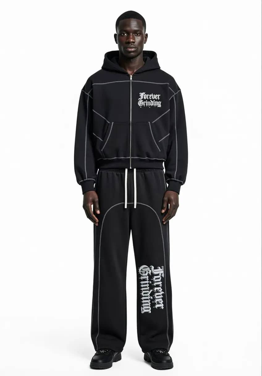 Black Contrast-Stitched Boxy Fleece Zip Hoodie & Sweatpants Forever Grinding
