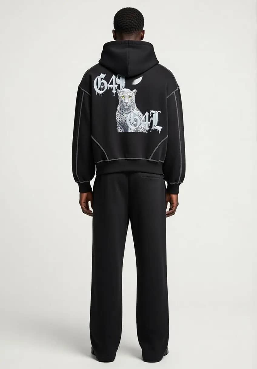 Black Contrast-Stitched Boxy Fleece Zip Hoodie & Sweatpants Forever Grinding