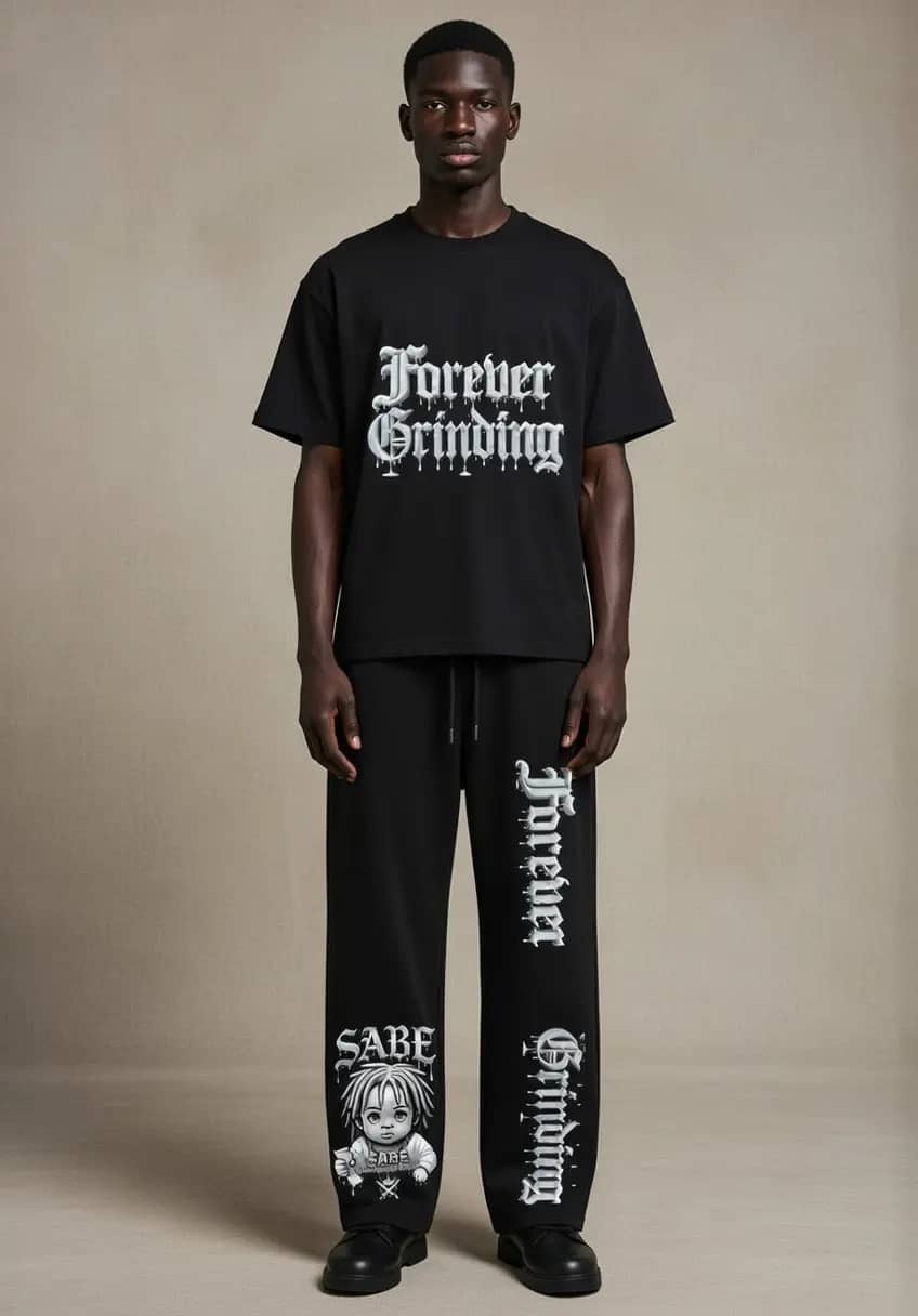 Black Mesh-Lined Quick-Dry Perfermance T-Shirt & Pants Forever Grinding