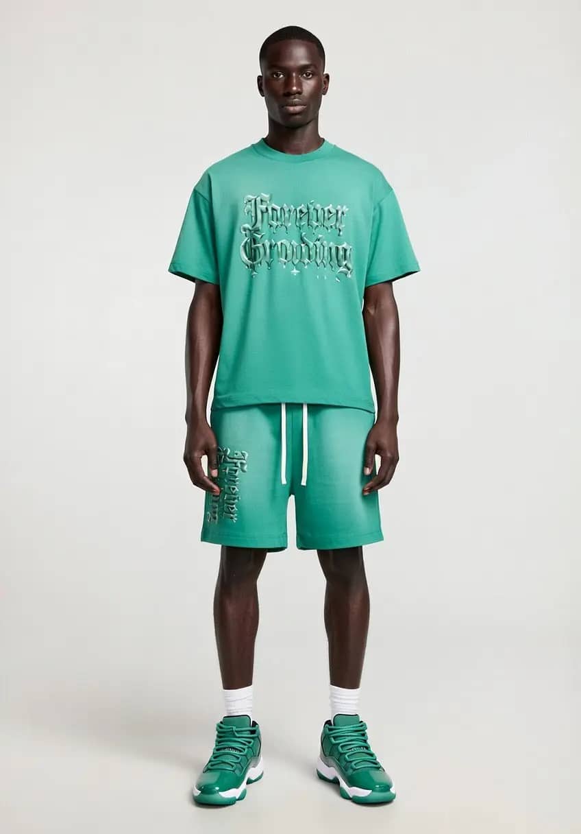 Aqua Green Sun Fade Raw Edge T-Shirt & Shorts Set Forever Grinding
