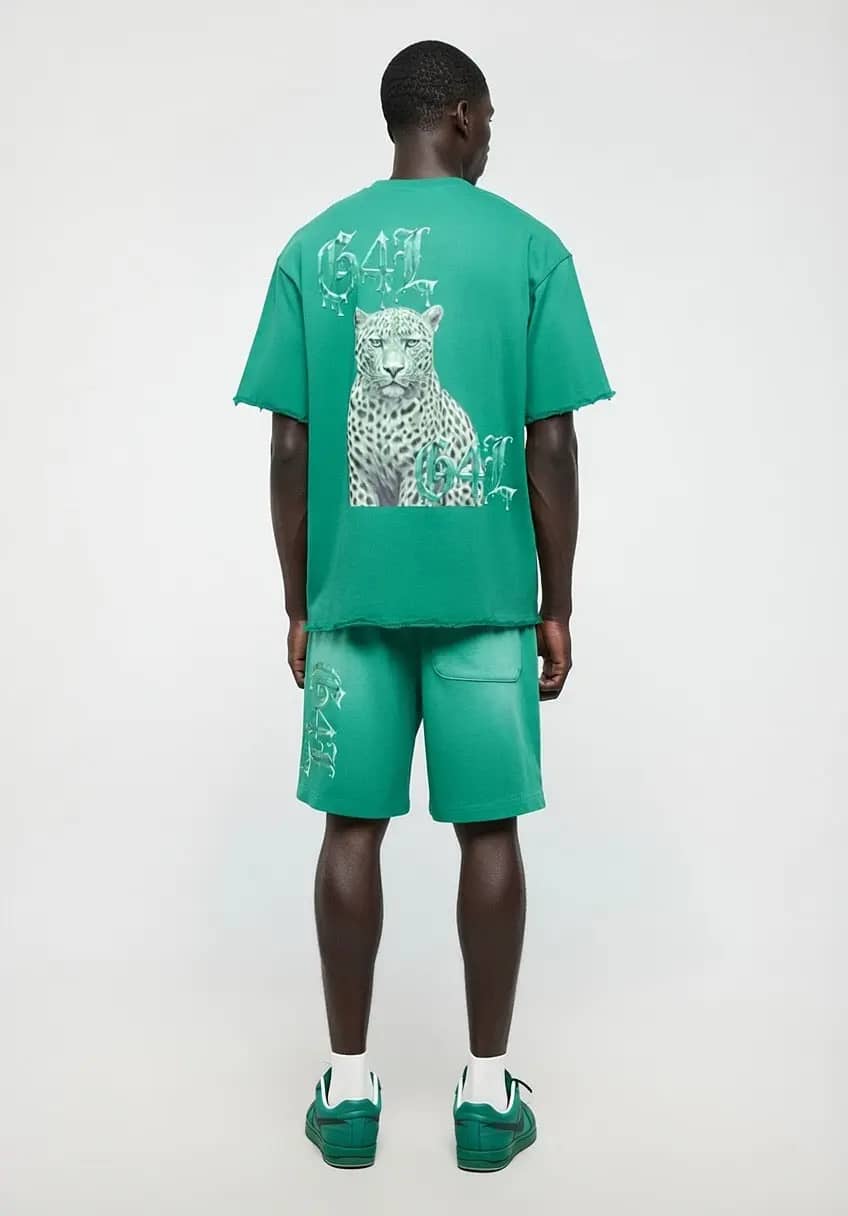 Aqua Green Sun Fade Raw Edge T-Shirt & Shorts Set Forever Grinding