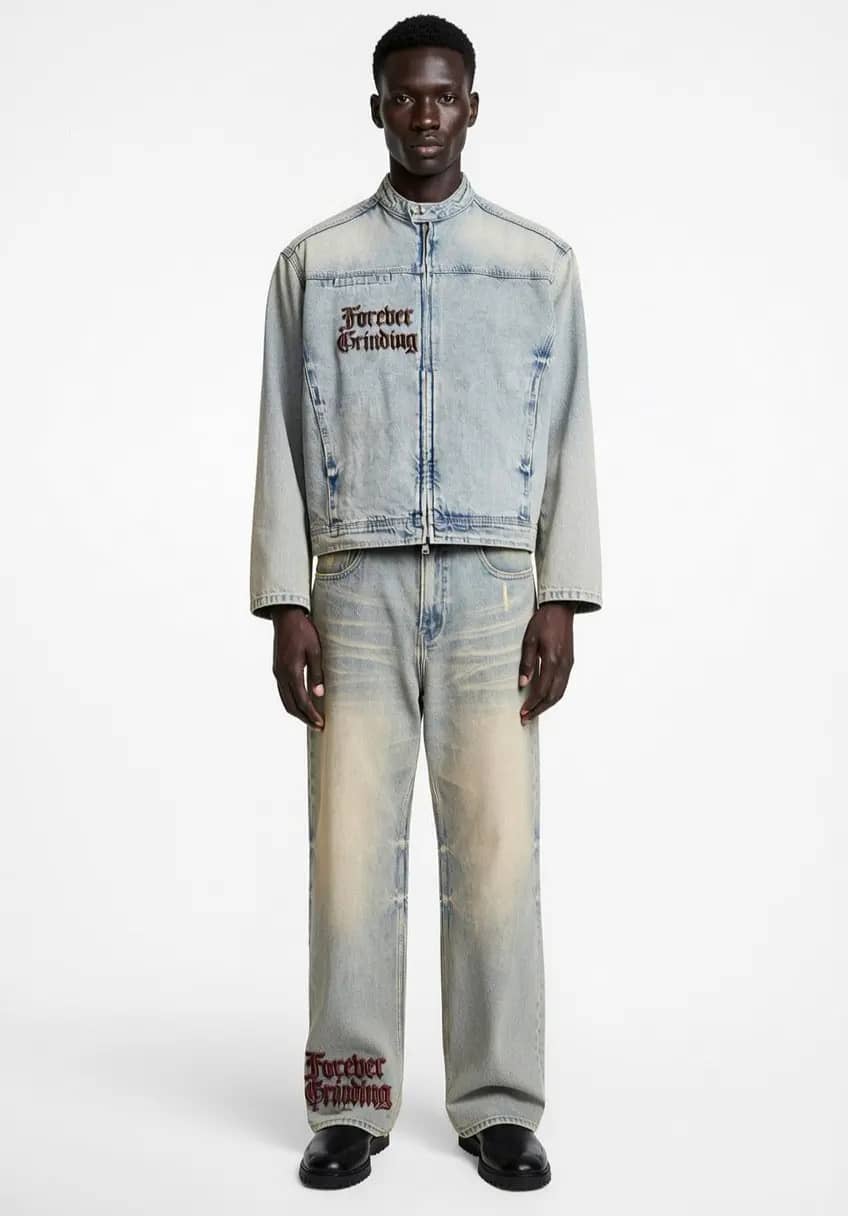 Blue Vintage Wash Zip Denim Jacket & Blue Sun Fade Raw Hem Denim Jeans Forever Grinding