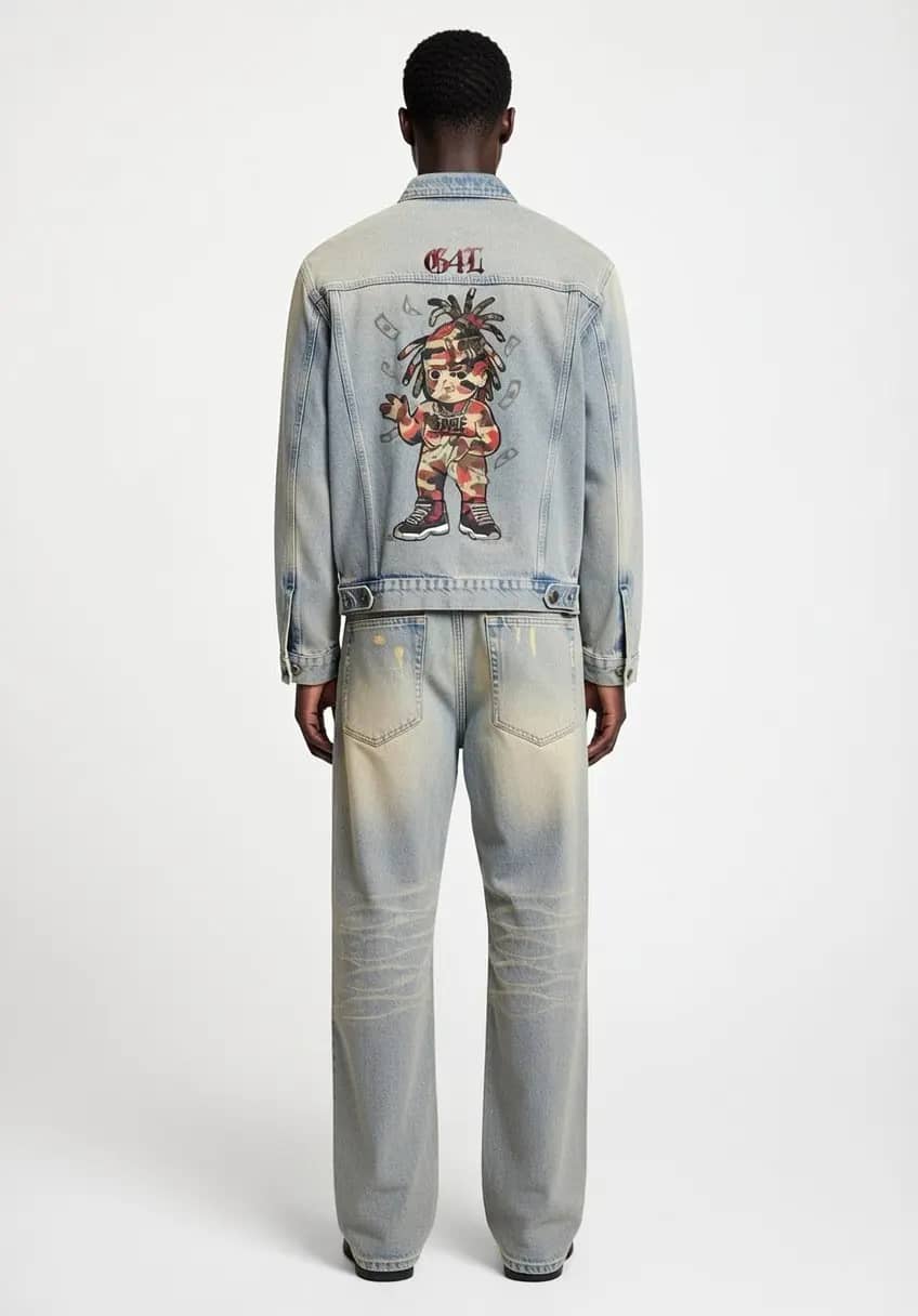 Blue Vintage Wash Zip Denim Jacket & Blue Sun Fade Raw Hem Denim Jeans Forever Grinding