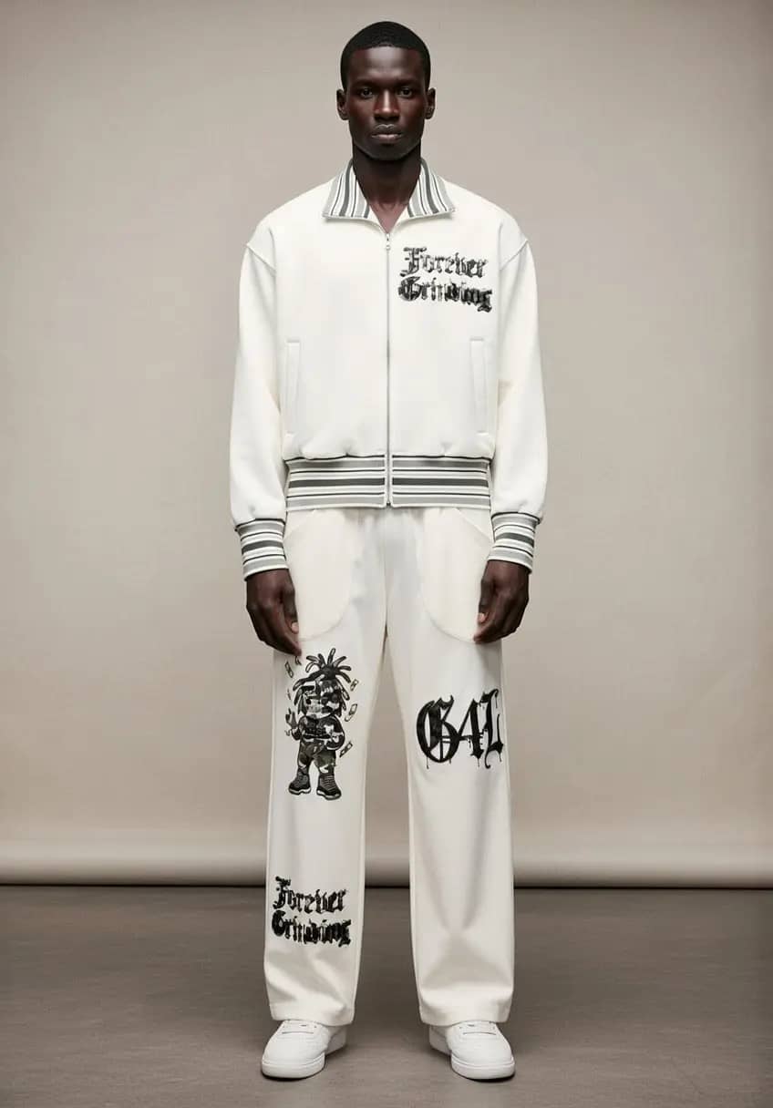 White Striped Rib Collar Zip Jacket & Waist Wide Leg Pants Forever Grinding