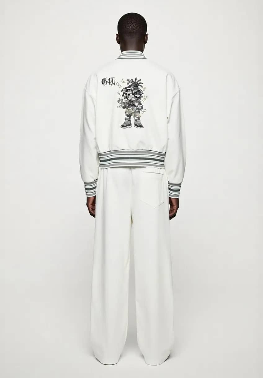White Striped Rib Collar Zip Jacket & Waist Wide Leg Pants Forever Grinding