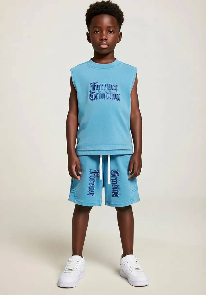Sky Blue Snow Washed Kids' Tank Top & Shorts Forever Grinding