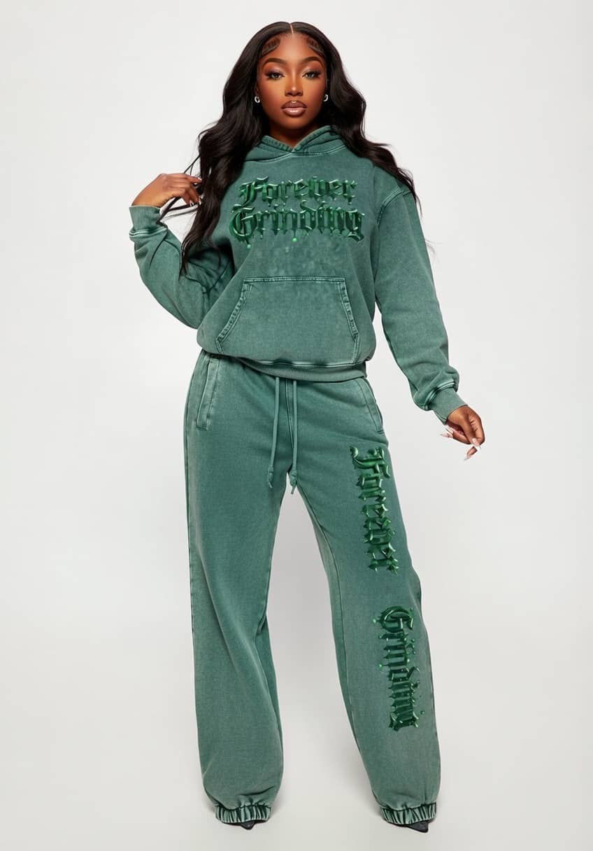 Blackish Green Snow Wash Hand-Frayed Heavyweight Hoodie & Jogged Sweatpants