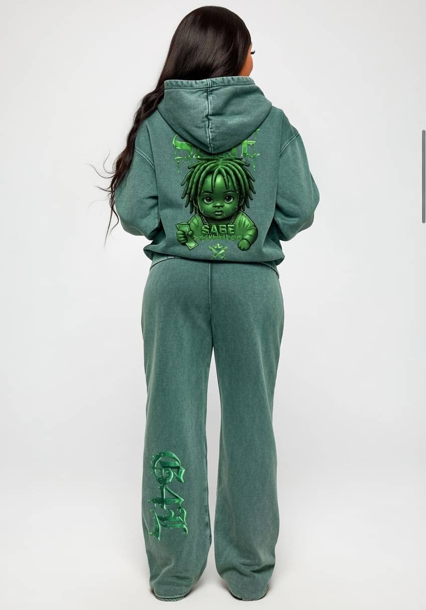 Blackish Green Snow Wash Hand-Frayed Heavyweight Hoodie & Jogged Sweatpants