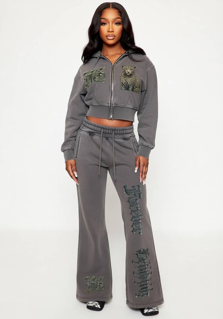 Dark Gray Vintage Washed Cropped Fleece Hoodie & Flared Fleece Pants