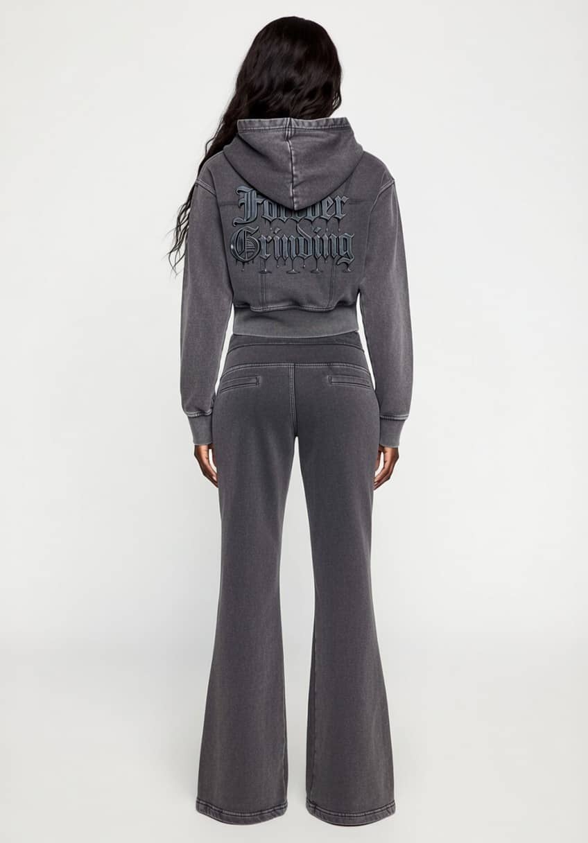 Dark Gray Vintage Washed Cropped Fleece Hoodie & Flared Fleece Pants