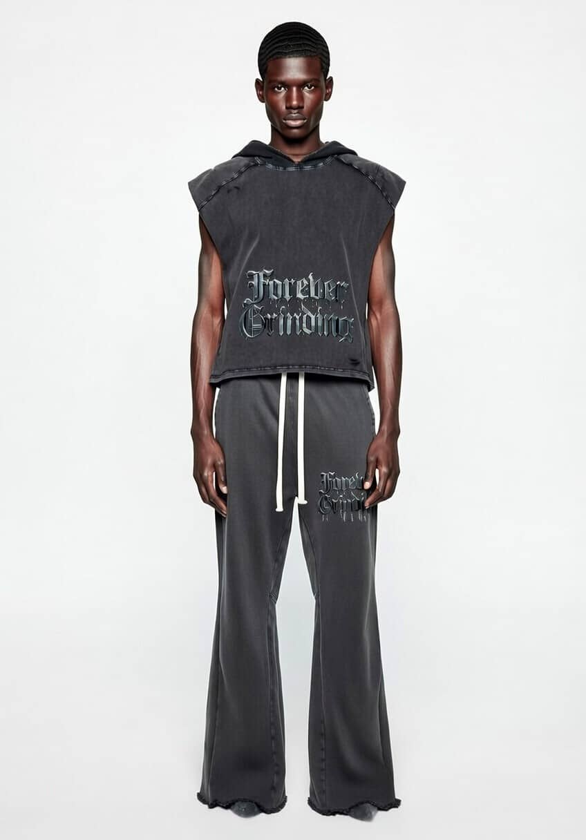 Gray Snow Washed Boxy Hooded Tank Top & Flared Sweatpants