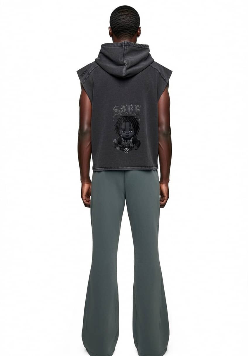 Gray Snow Washed Boxy Hooded Tank Top & Flared Sweatpants