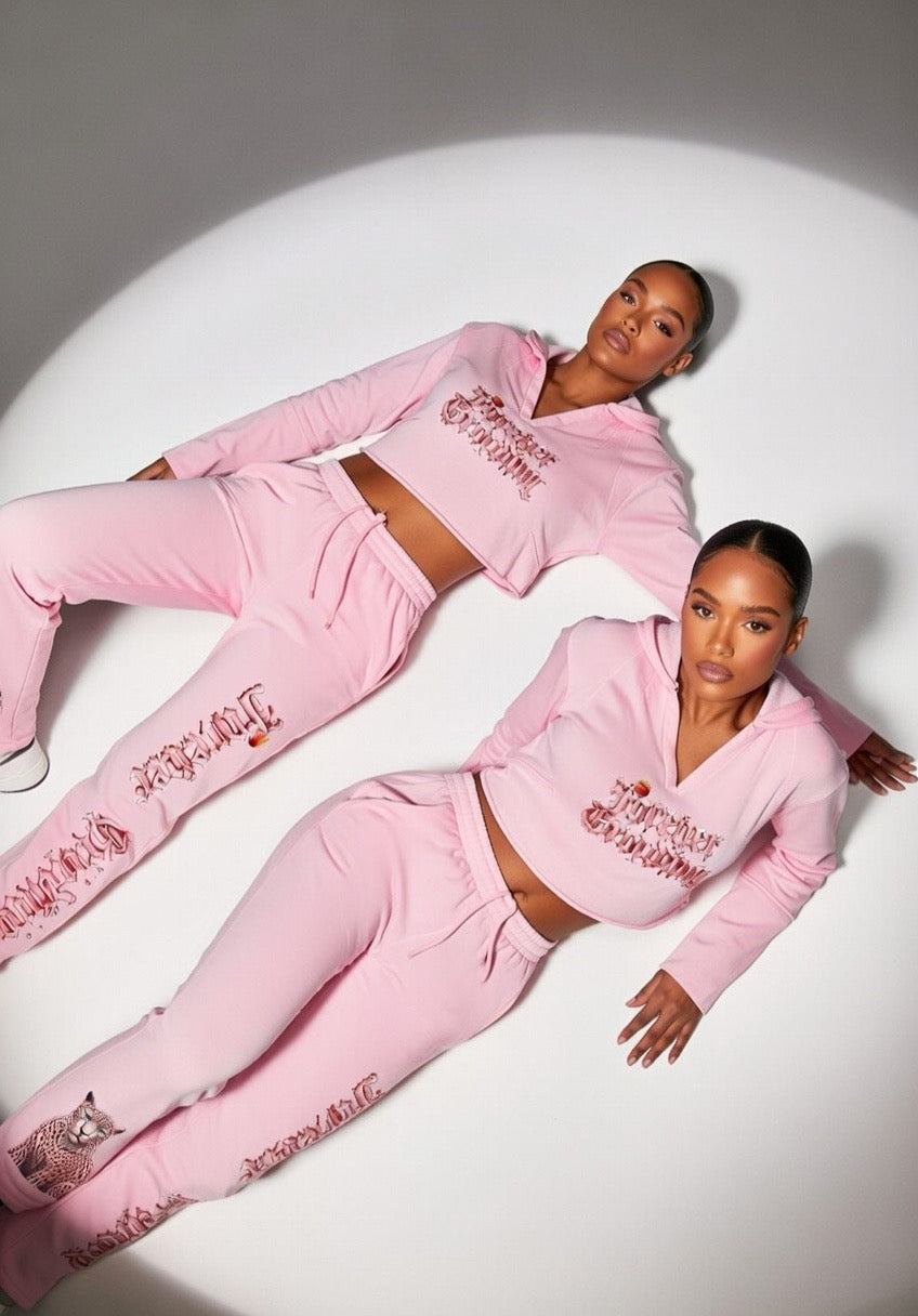 Rose Pink Vintage Washed Raw Edge Hoodie & Waist Pants Outfit Set