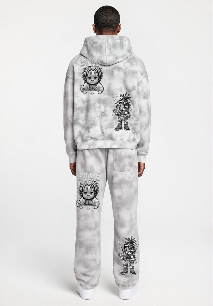 Flower Gray Dirty Washed Zip-Up Fleece Hoodie & Sweatpants