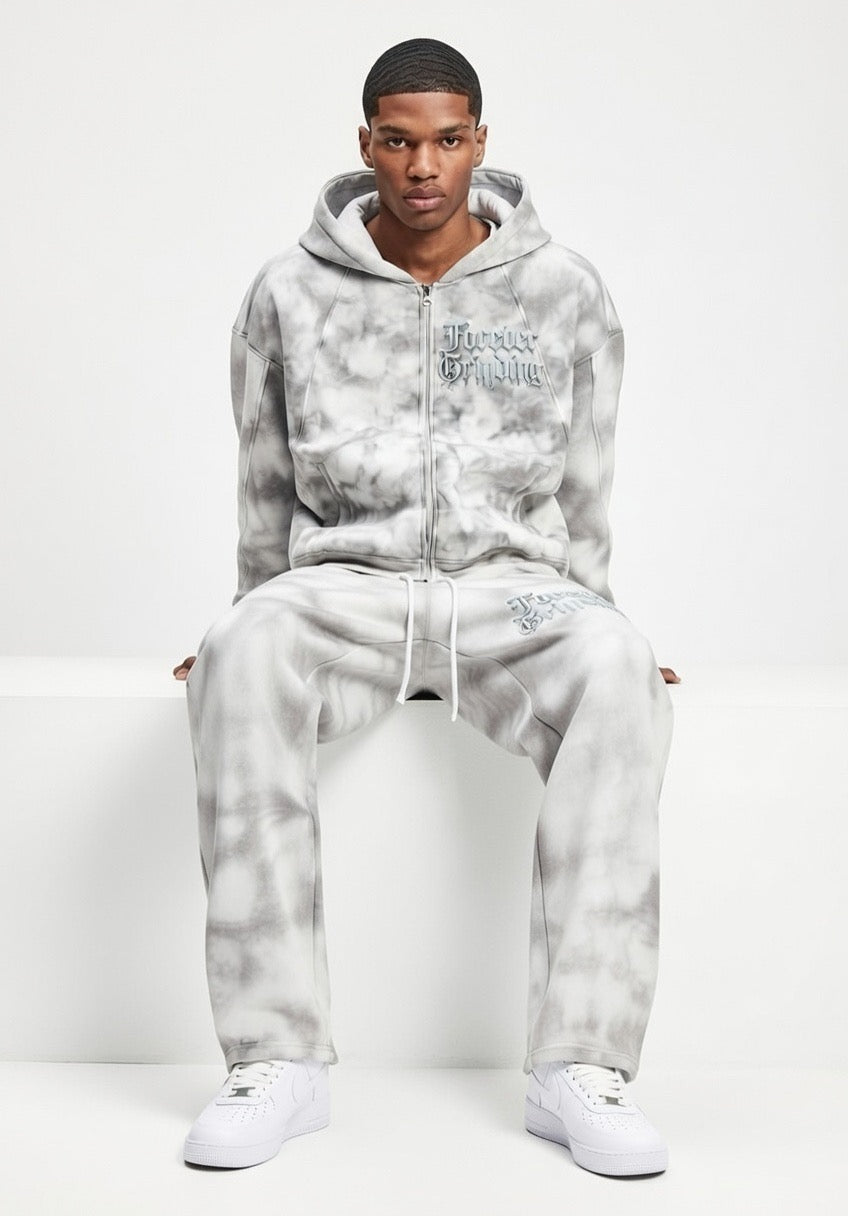Flower Gray Dirty Washed Zip-Up Fleece Hoodie & Sweatpants