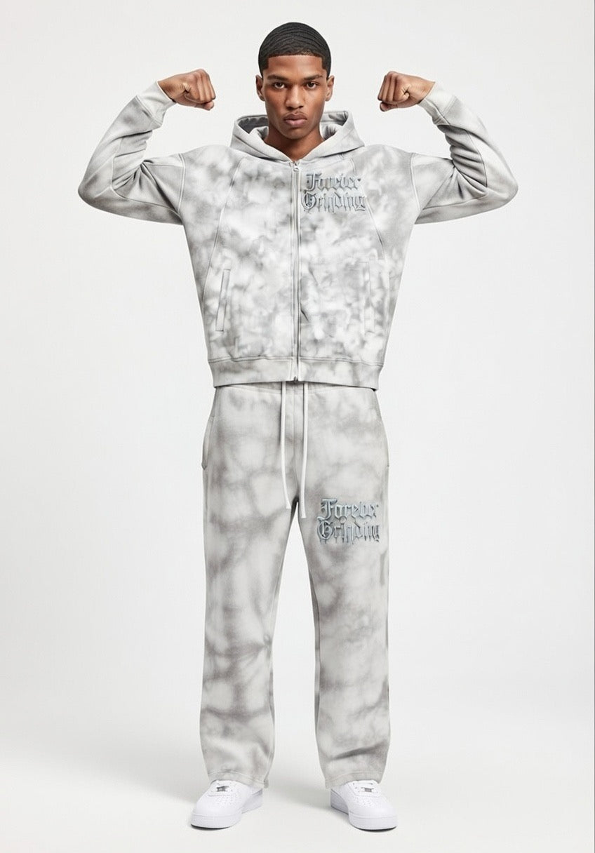Flower Gray Dirty Washed Zip-Up Fleece Hoodie & Sweatpants
