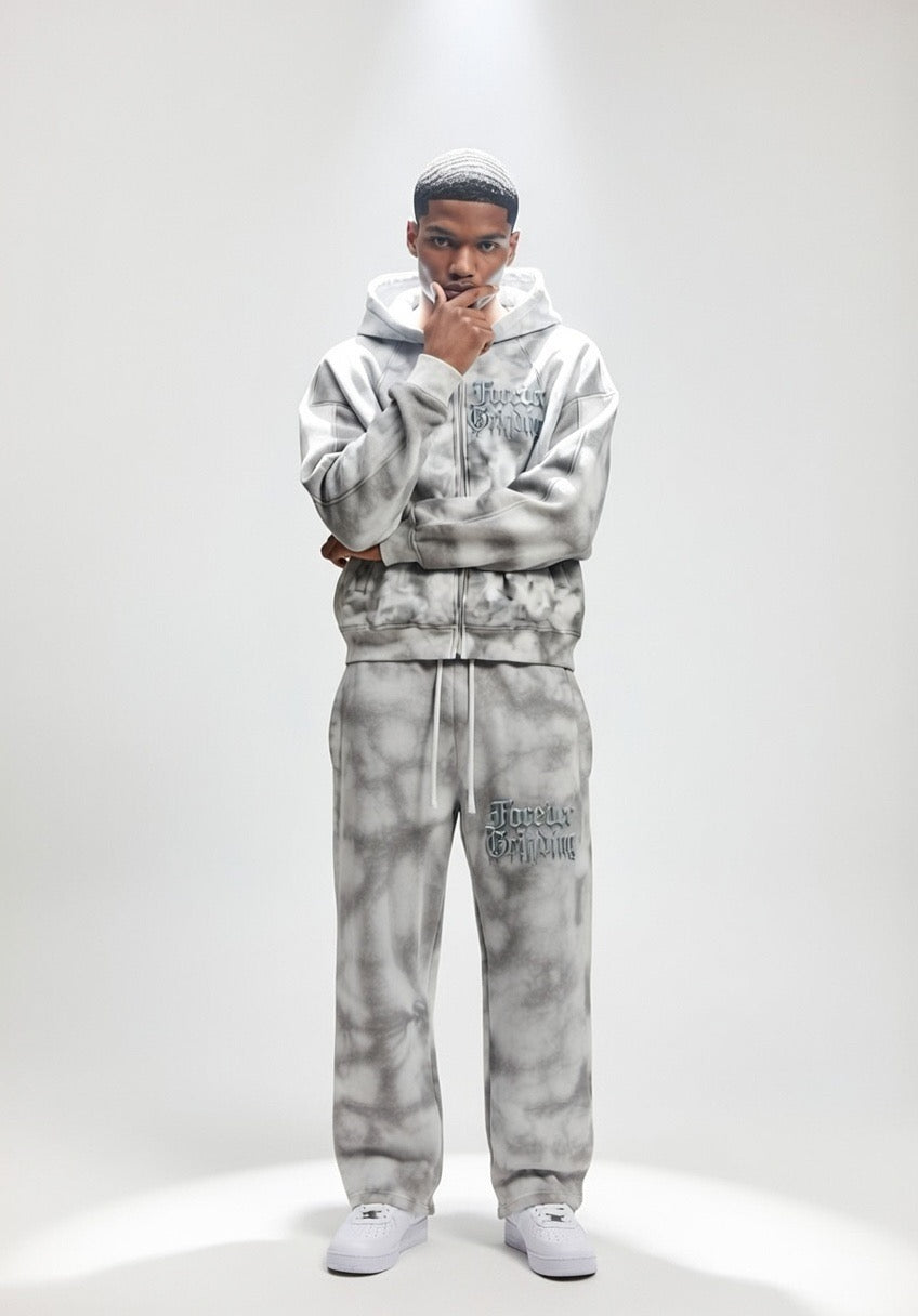 Flower Gray Dirty Washed Zip-Up Fleece Hoodie & Sweatpants