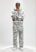 Flower Gray Dirty Washed Zip-Up Fleece Hoodie & Sweatpants