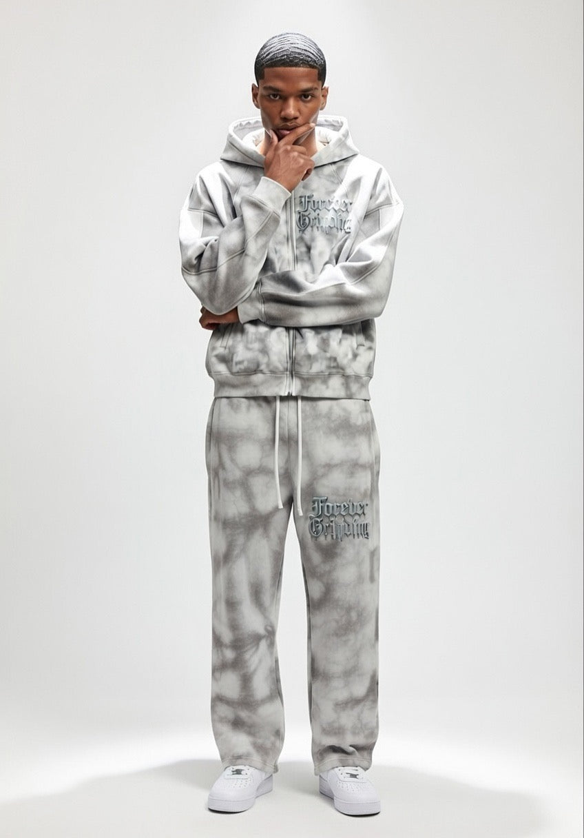 Flower Gray Dirty Washed Zip-Up Fleece Hoodie & Sweatpants