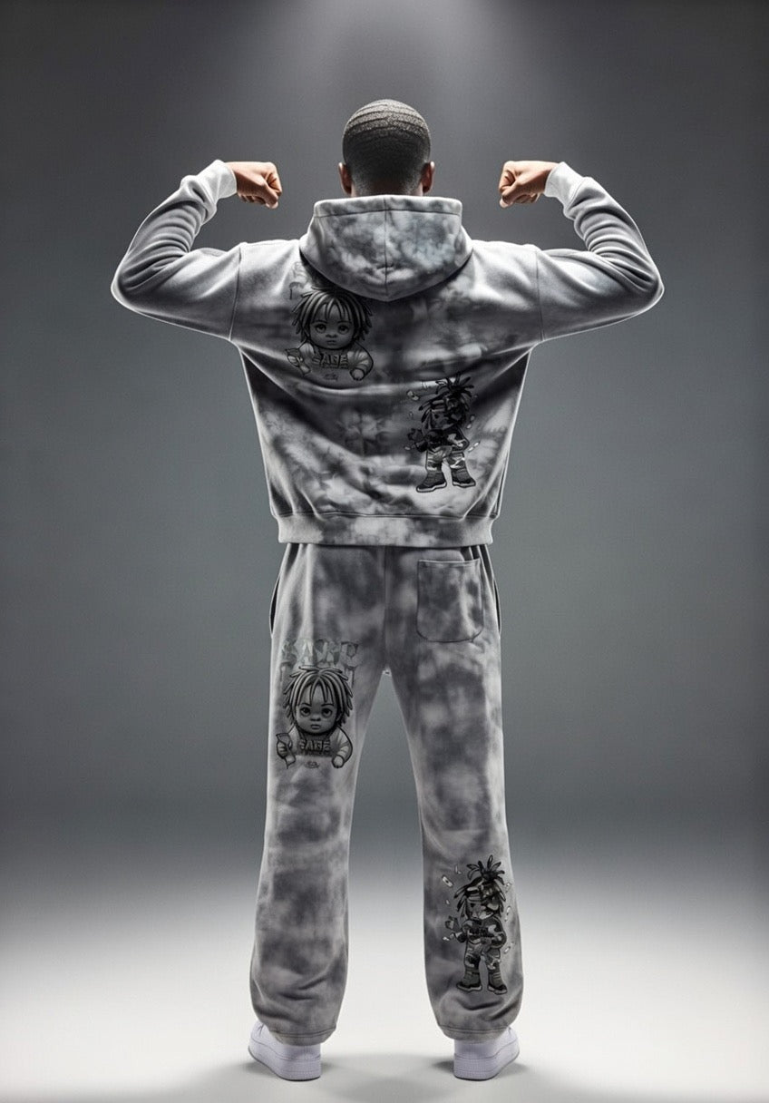 Flower Gray Dirty Washed Zip-Up Fleece Hoodie & Sweatpants