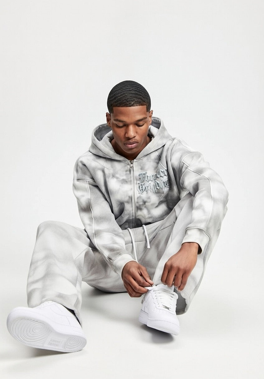 Flower Gray Dirty Washed Zip-Up Fleece Hoodie & Sweatpants