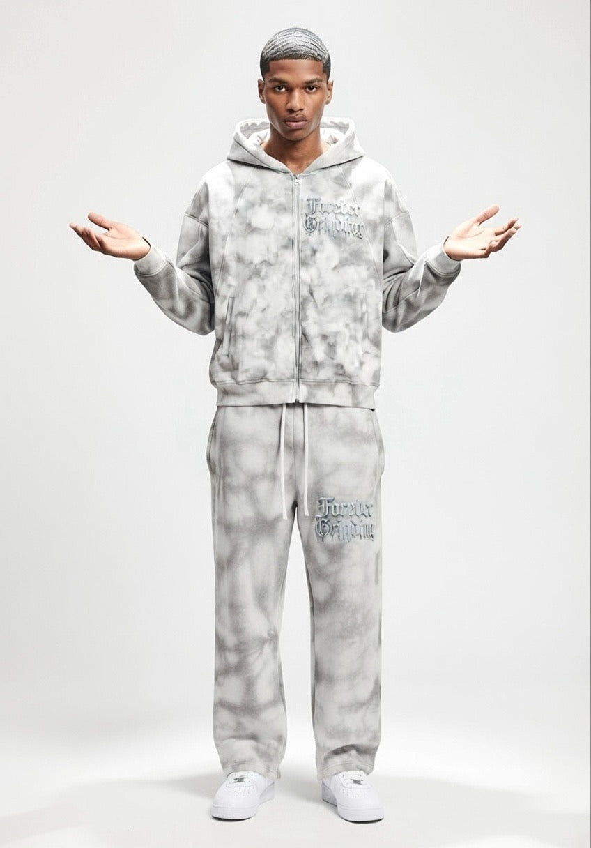 Flower Gray Dirty Washed Zip-Up Fleece Hoodie & Sweatpants