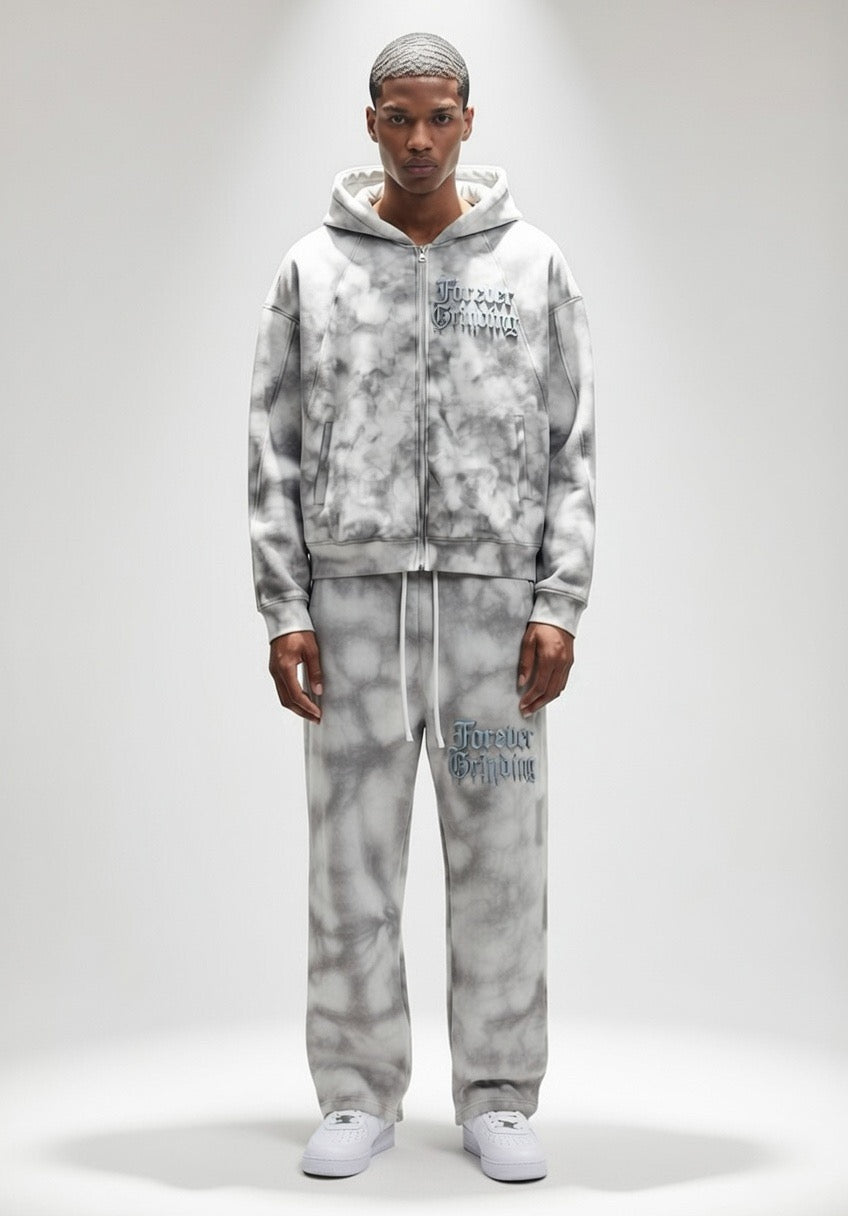Flower Gray Dirty Washed Zip-Up Fleece Hoodie & Sweatpants