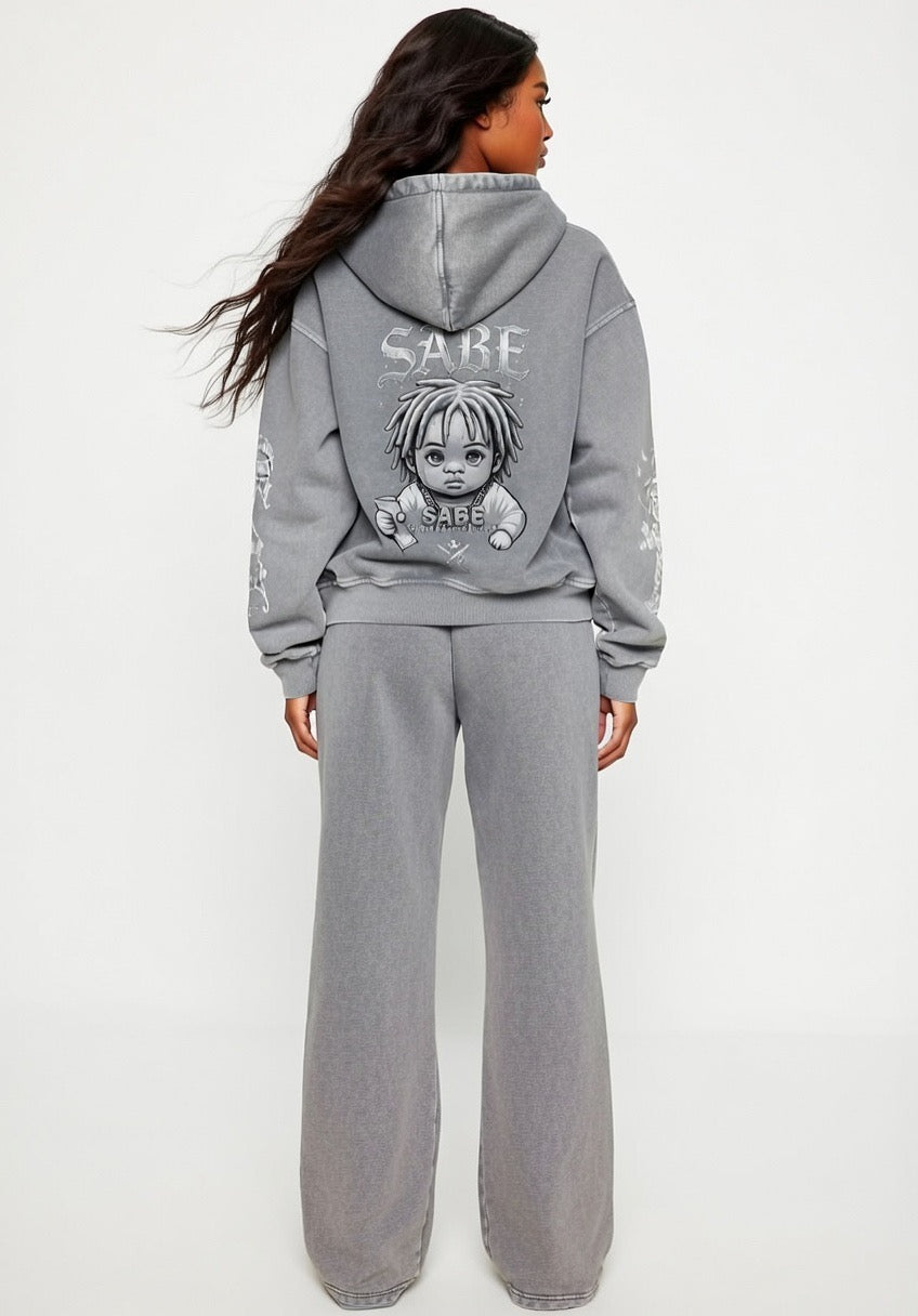 Gray Snow Washed Loose Cotton Hoodie & Cargo Pants