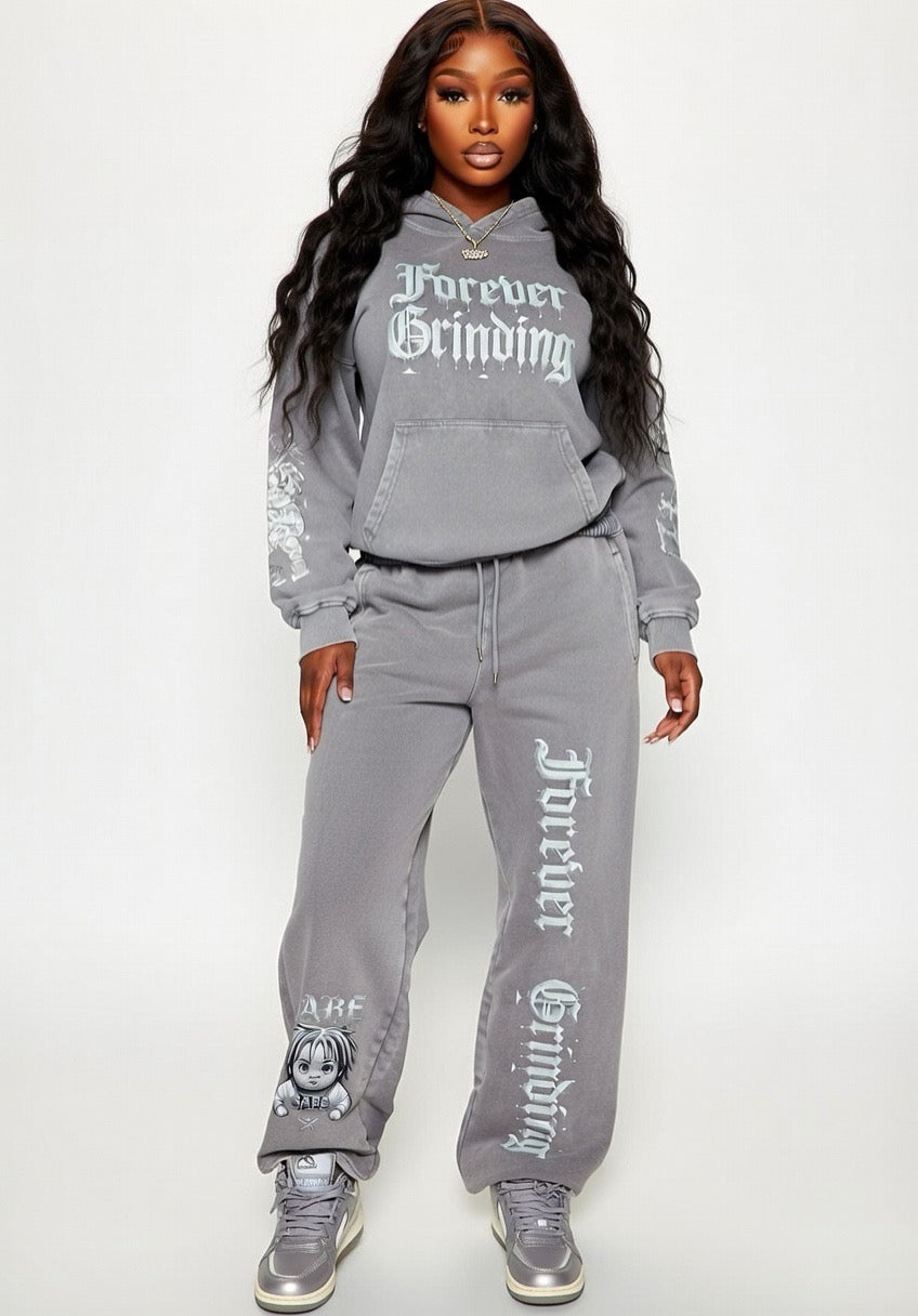 Gray Snow Washed Loose Cotton Hoodie & Cargo Pants