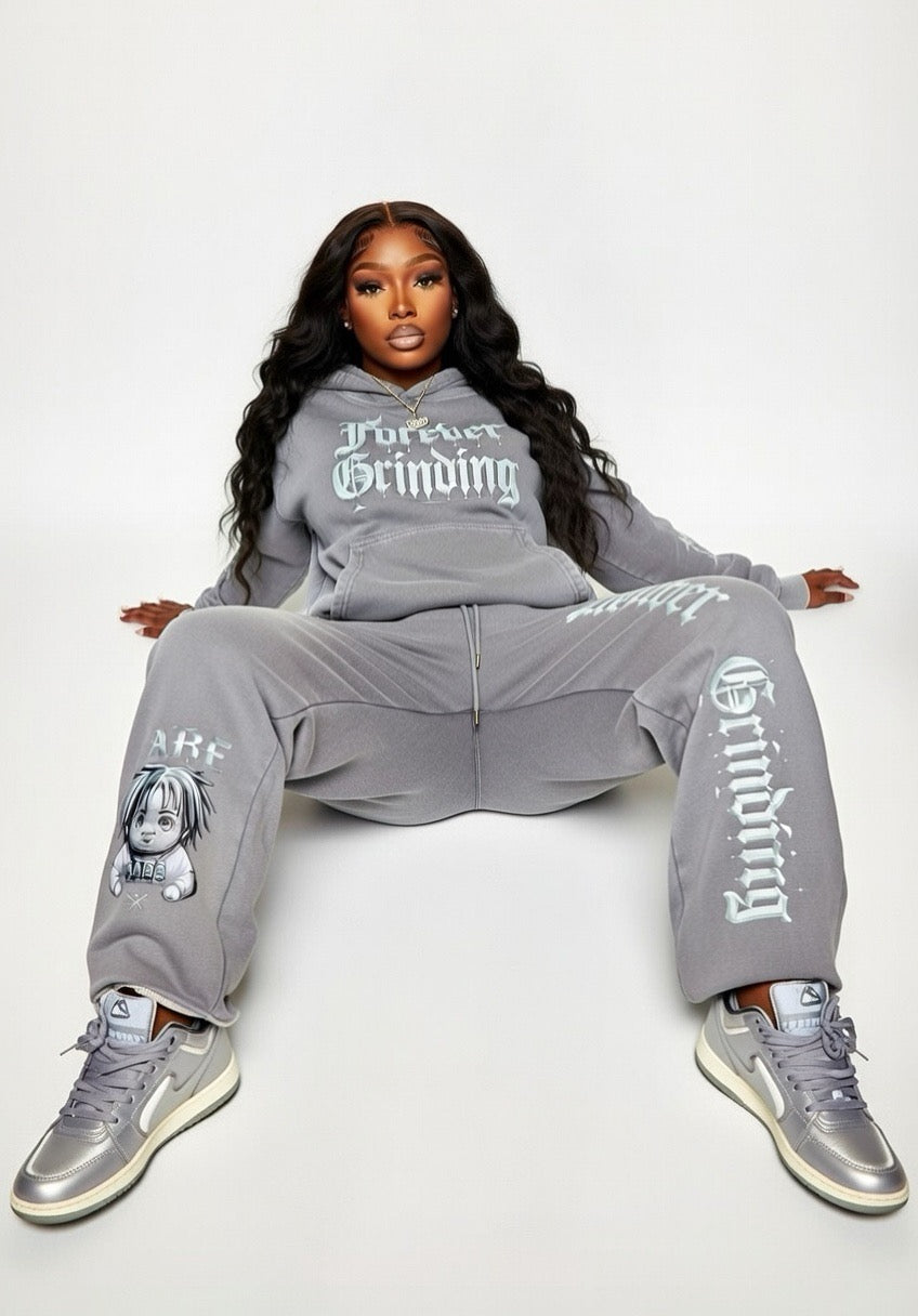 Gray Snow Washed Loose Cotton Hoodie & Cargo Pants