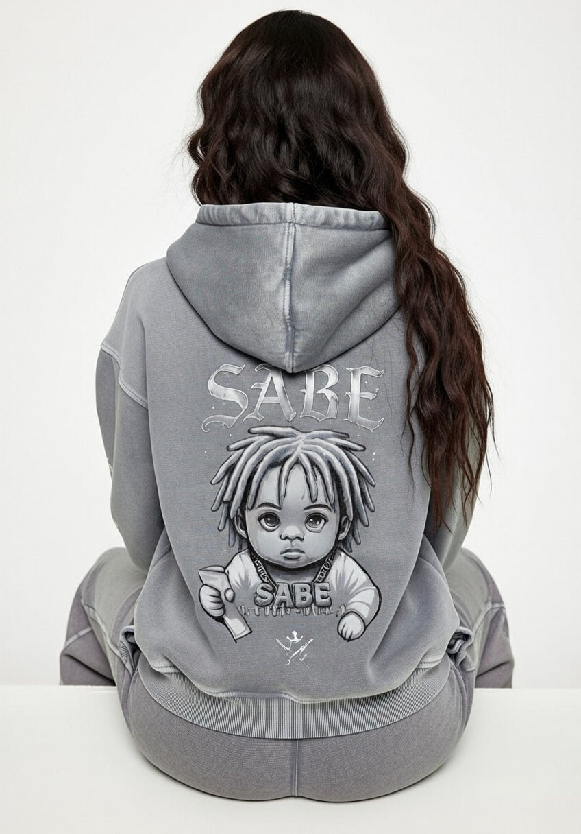 Gray Snow Washed Loose Cotton Hoodie & Cargo Pants