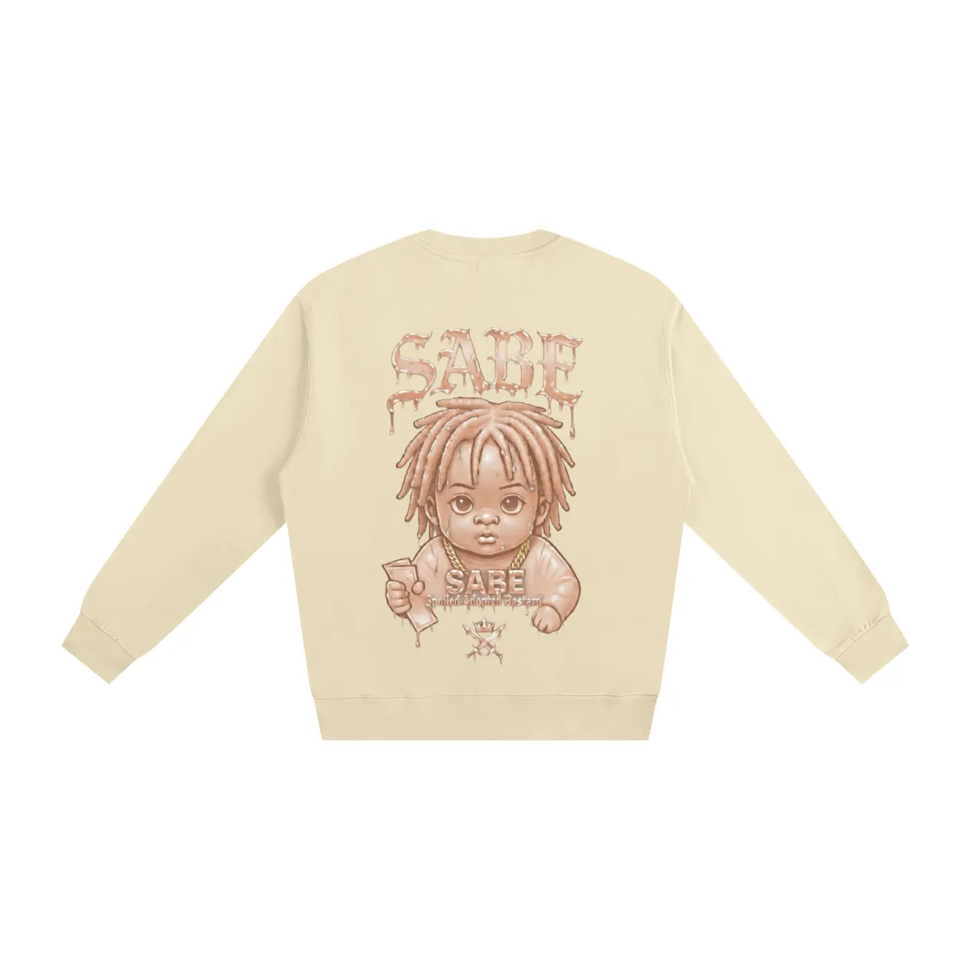 ODMPOD apricot heavyweight sweatshirt with graphic cartoon baby and Sabe text on back