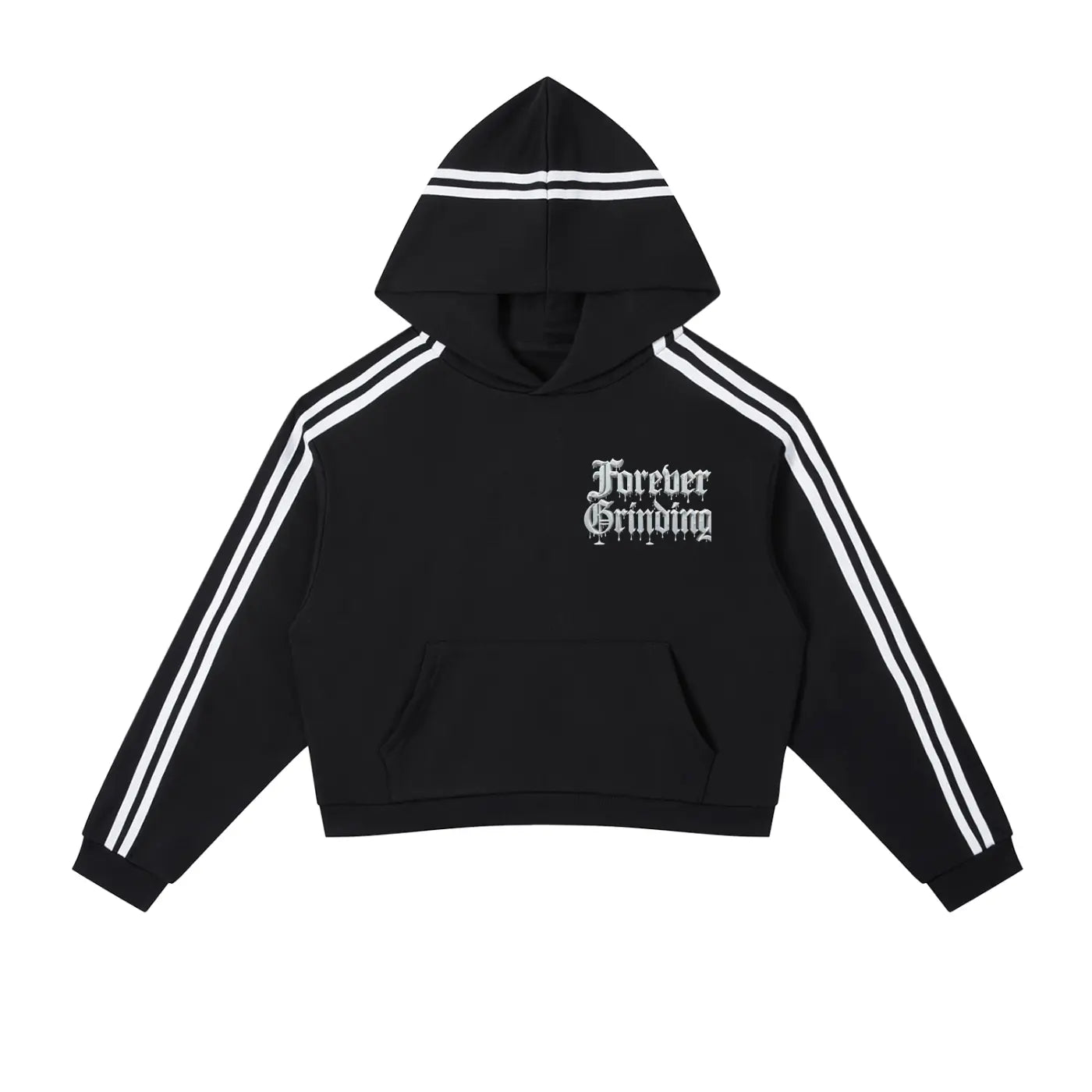 Black cropped hoodie with stripes on sleeves and hood with Forever Grinding text on front