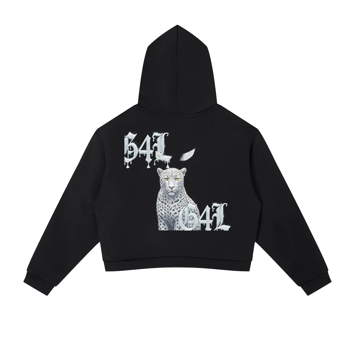 Black cropped hoodie with stripes featuring a hood and graphic design of a leopard on the back