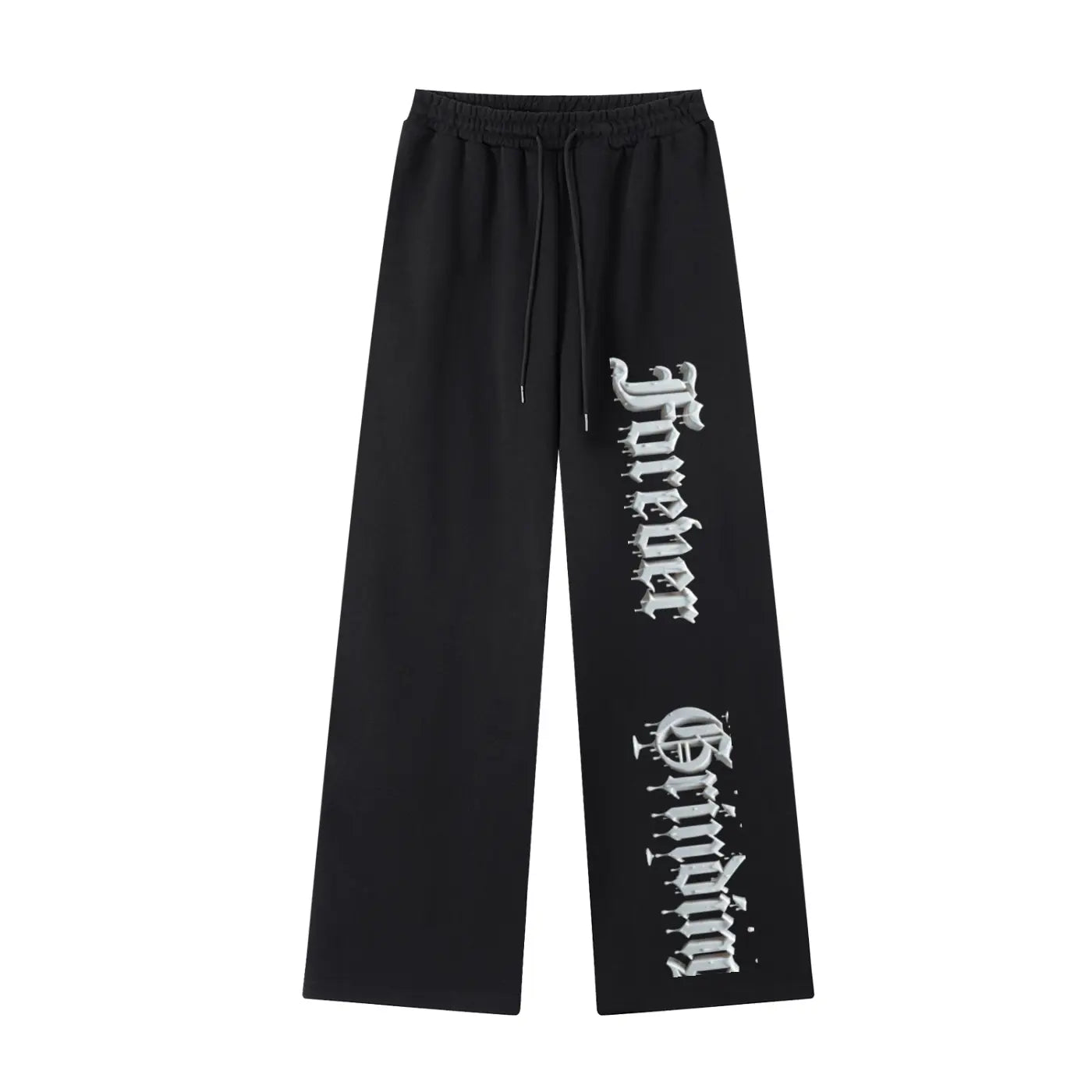 ODMPOD black straight leg sweatpants with elastic waistband and white gothic text print on one leg