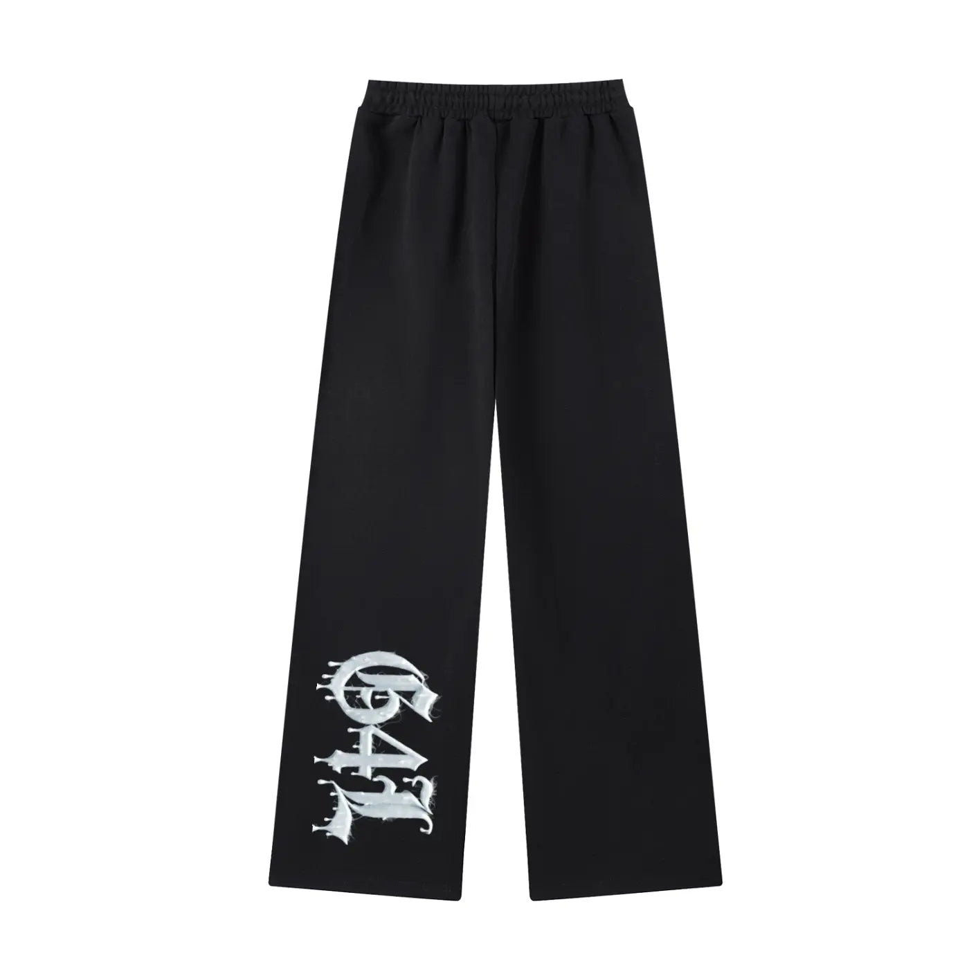 Black straight leg sweatpants with white graphic design on left leg by ODMPOD