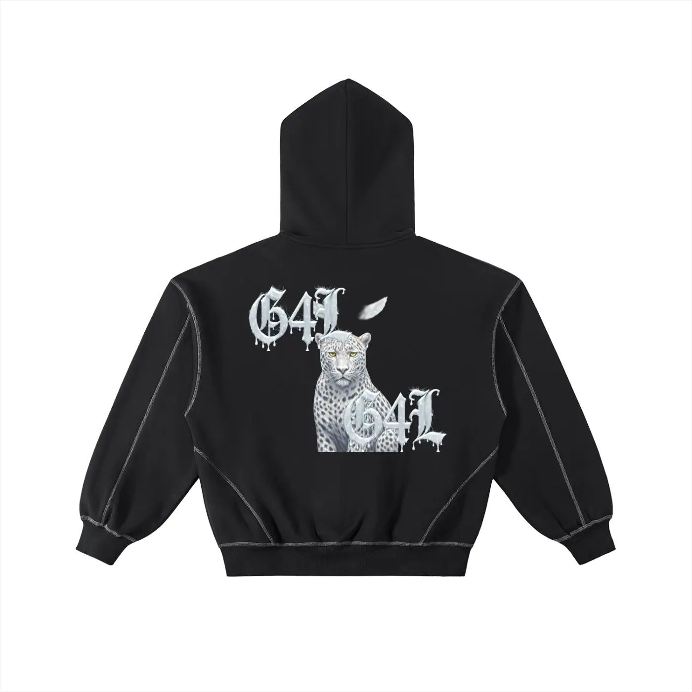 ODMPOD black contrast stitch zip hoodie with back graphic of a white leopard and text design