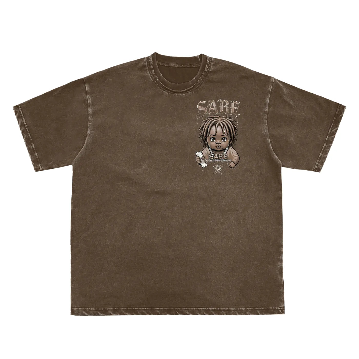 Coffee Brown Snow Washed Raw-Edge Neckline T-Shirt ODMPOD