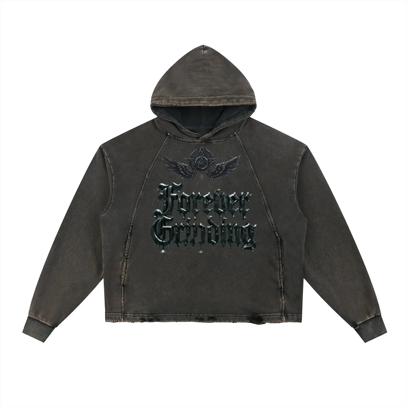 Black Vintage Washed Frayed-Hem Hoodie ODMPOD